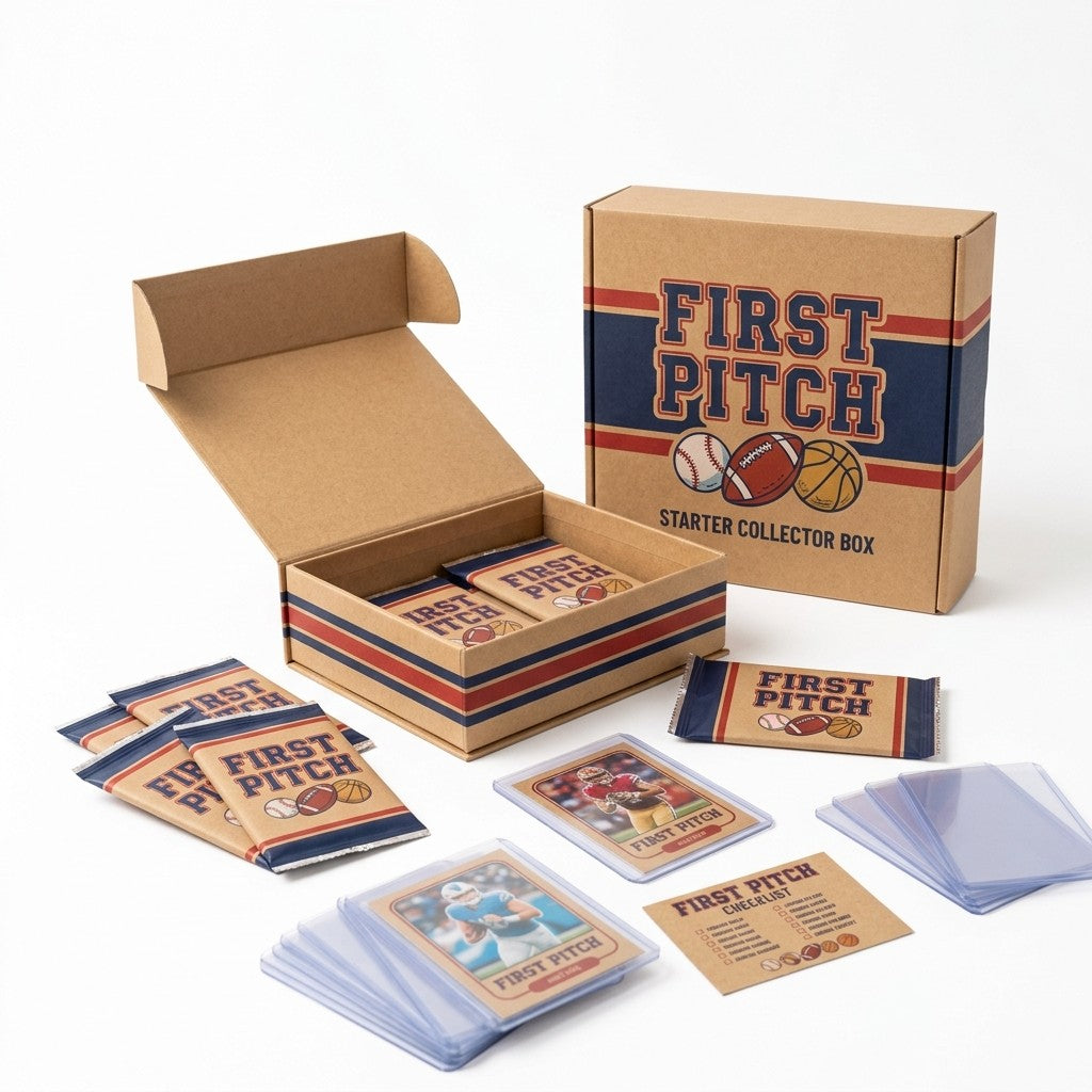 First Pitch Starter Collector Box open with packs, cards in top loaders and checklist card
