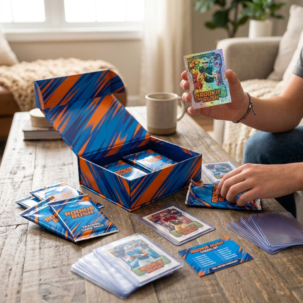 Collector opening a Rookie Rush box on a coffee table and holding up a shiny parallel card
