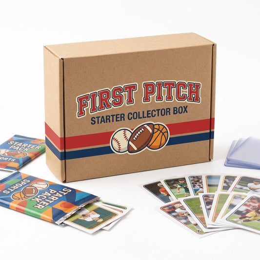 Johnson First Pitch Starter Collector Box, kraft box with red and navy stripes and sports ball icons