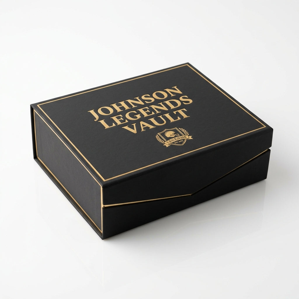 Johnson Legends Vault Collector Box, matte black magnetic-lid box with gold foil lettering