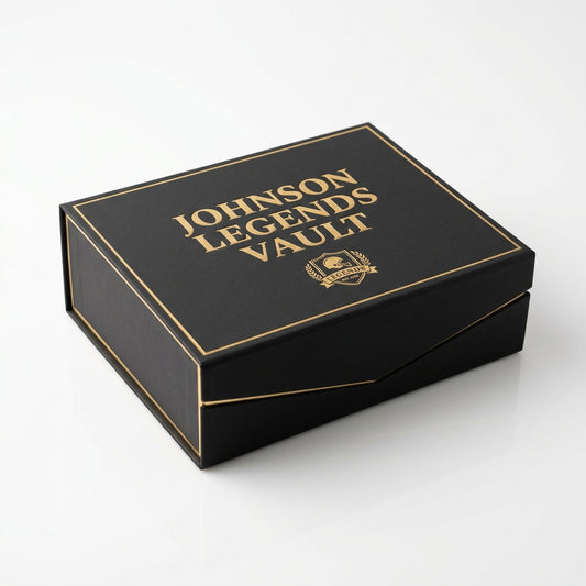 Johnson Legends Vault Collector Box, matte black magnetic-lid box with gold foil lettering