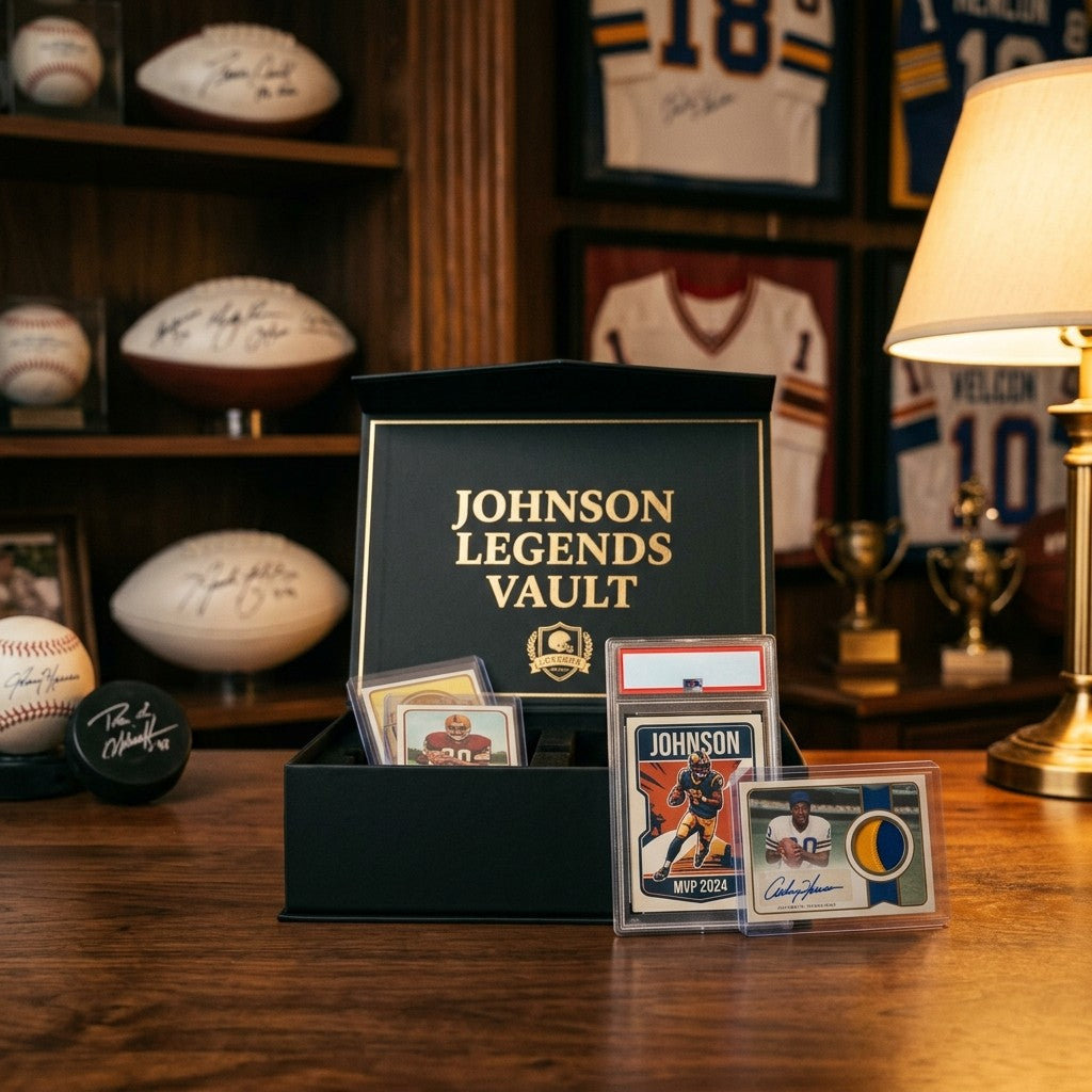 Legends Vault box open on a wooden desk in a sports memorabilia room with a graded card on display