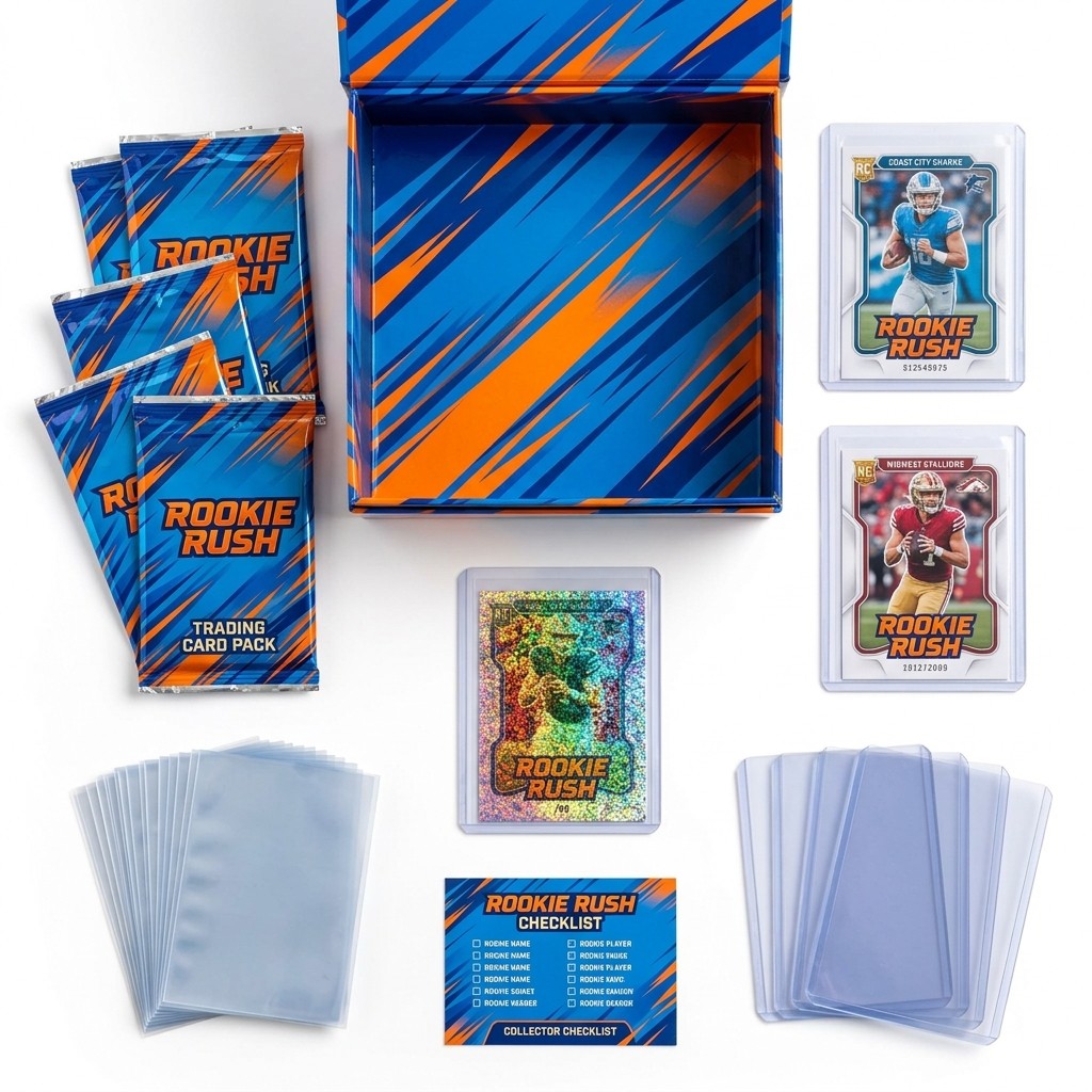 Rookie Rush contents: five packs, two rookie cards in top loaders, a numbered parallel, sleeves, top loaders and checklist